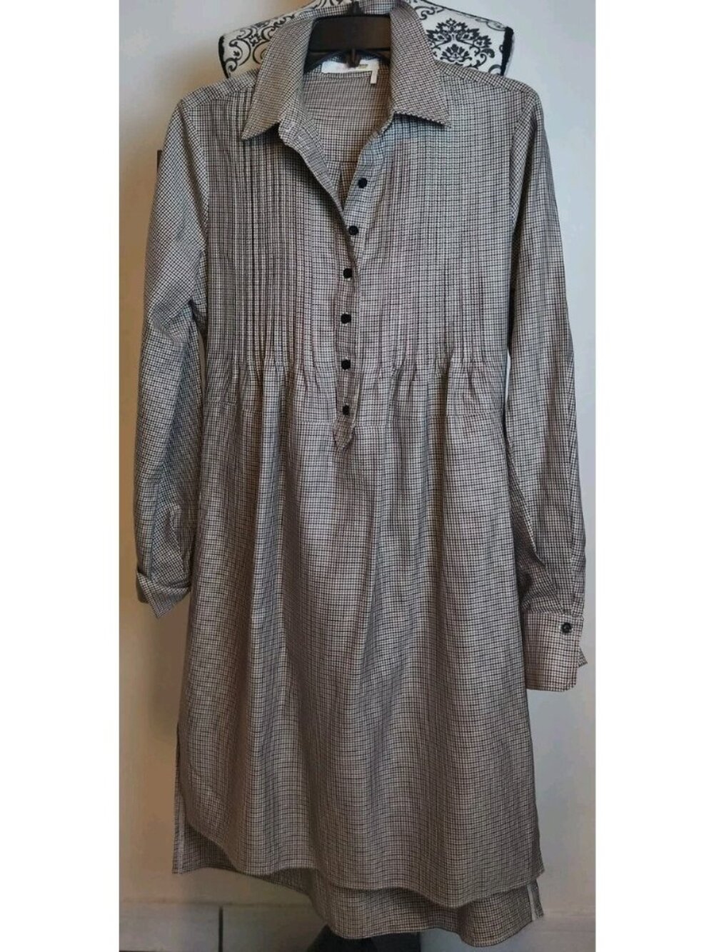 See by Chloe Houndstooth Shirt Dress Long Sleeve Pintuck Portugal Boho S/Small